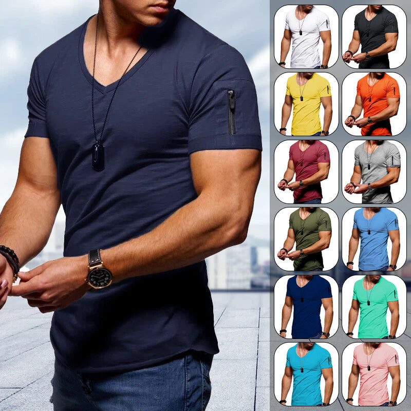 Mens T Shirt Slim Fit V Neck Muscle Top Short Sleeve Plain Cotton Summer Gym