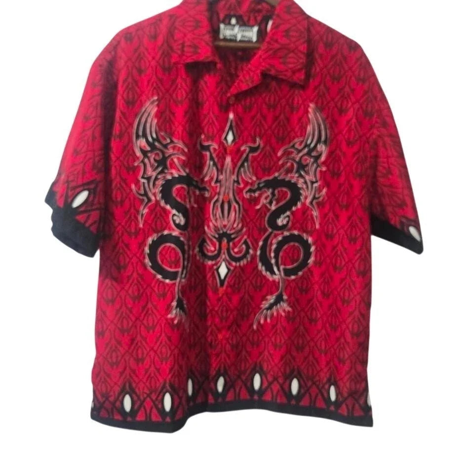 Liquid Blue Dragon Shirt Mens Red Black Button Up Steve & Barrys Y2K Graphic Lrg