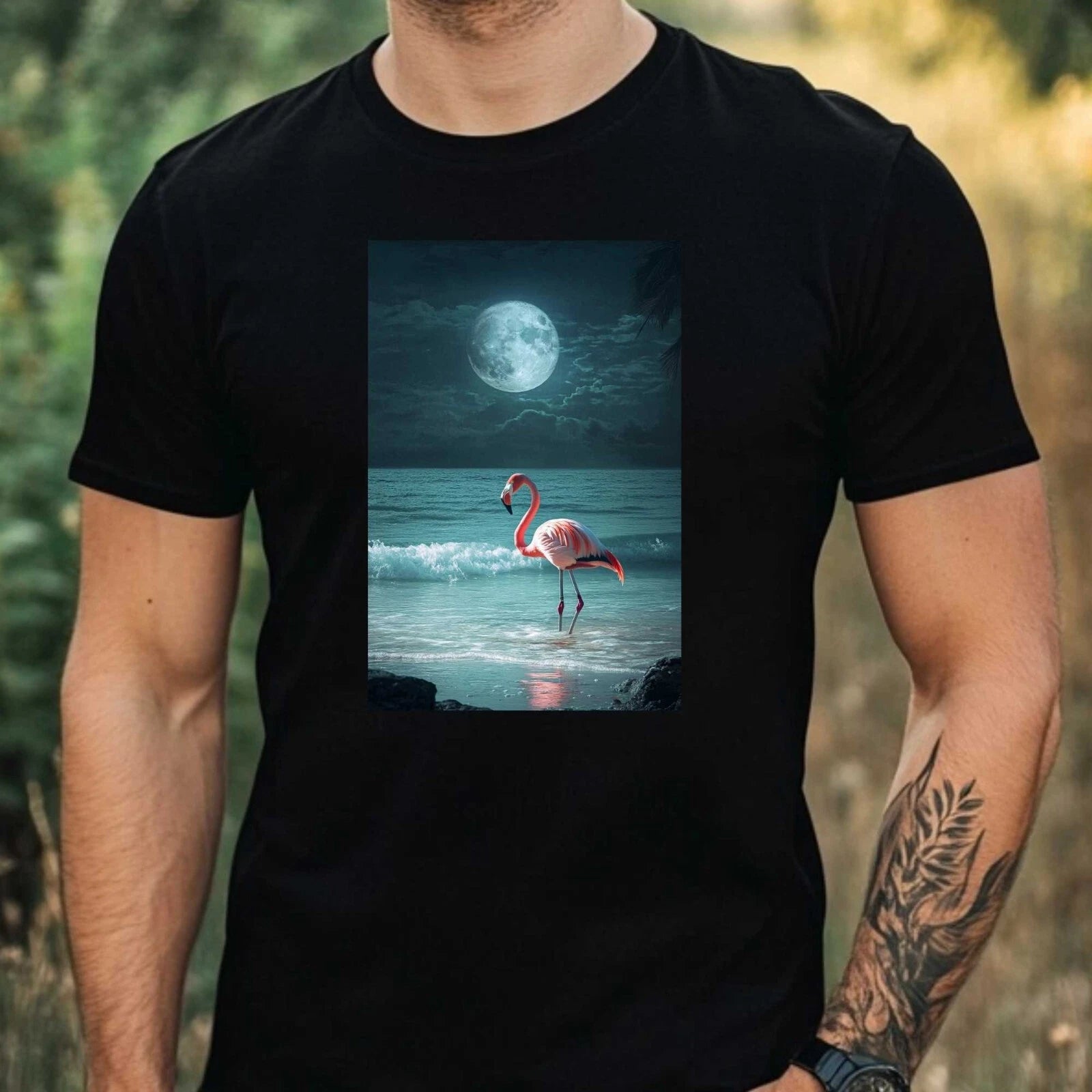 Mens Flamingo In Moonlight Motif Cotton T-Shirt Size XS to 5XL
