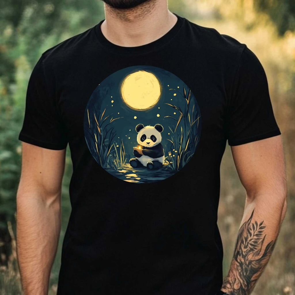 Mens Panda In The Moonlight Motif Cotton T-Shirt Size XS to 5XL
