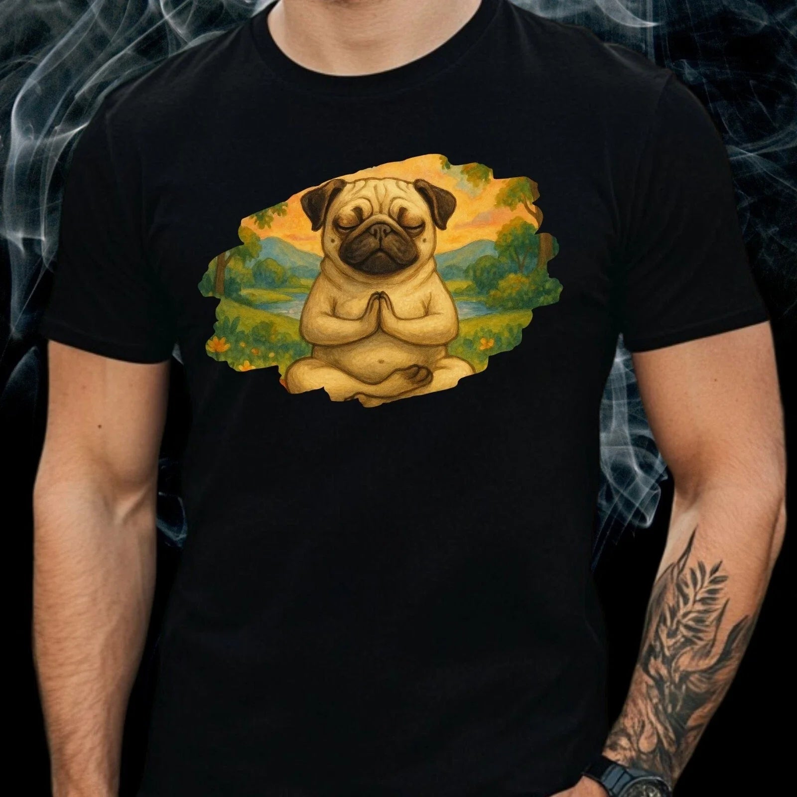 Mens Funny Yoga Pug Motif Cotton T-Shirt Size XS to 5XL