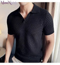 Men's Light and Thin Knitted Hollow Shirt Casual Short Sleeved V-neck T-shirt
