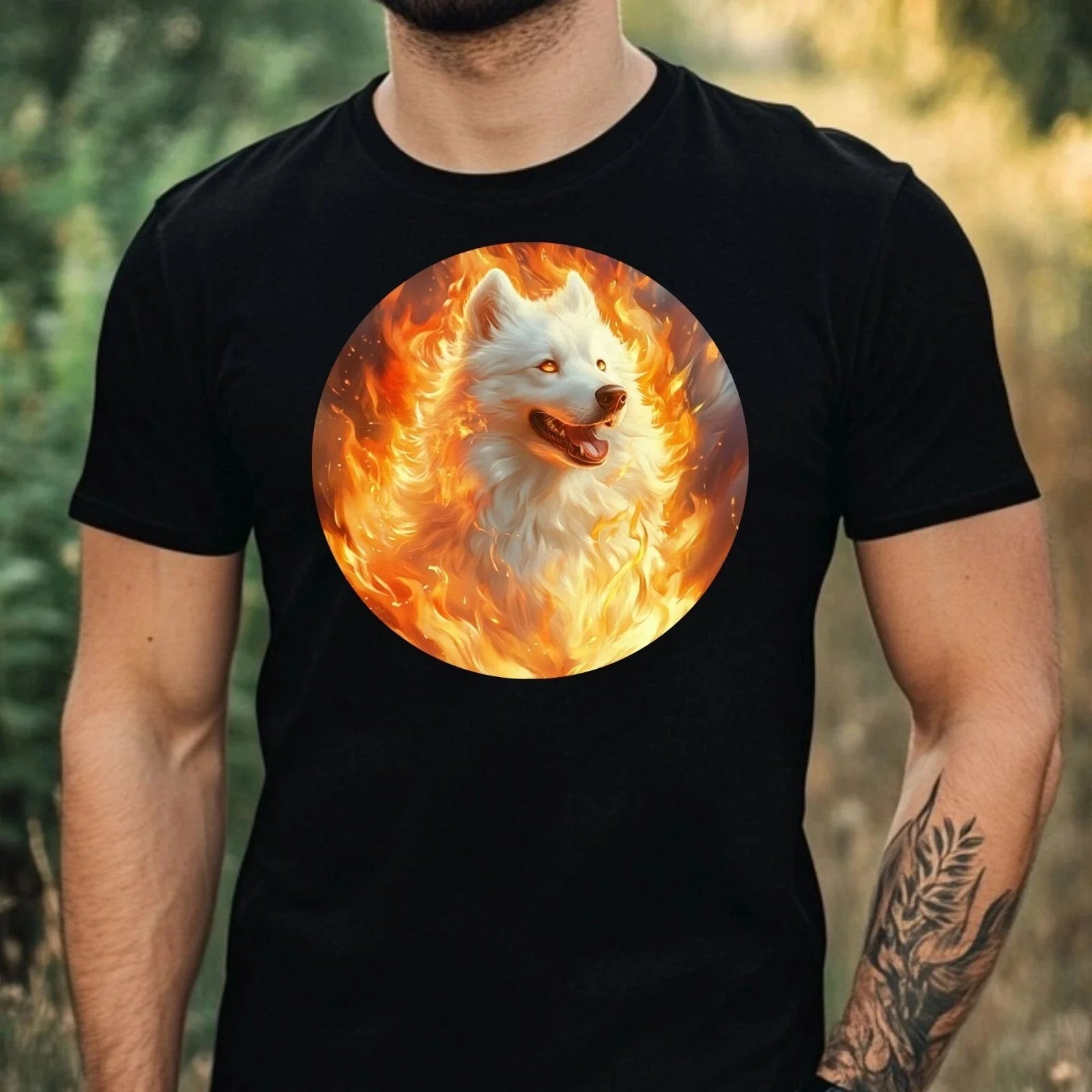 Mens Samoyed On Fire Motif Cotton T-Shirt Size XS to 5XL