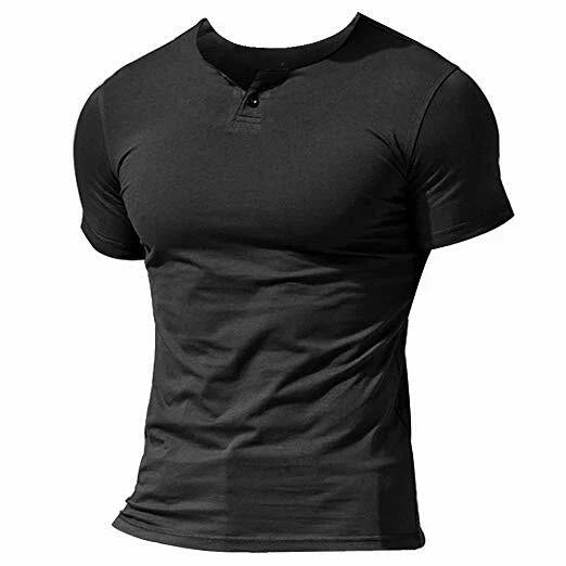 Mens Casual Short Sleeve Henleys T-Shirt Single Button Placket Plain v Neck Shir