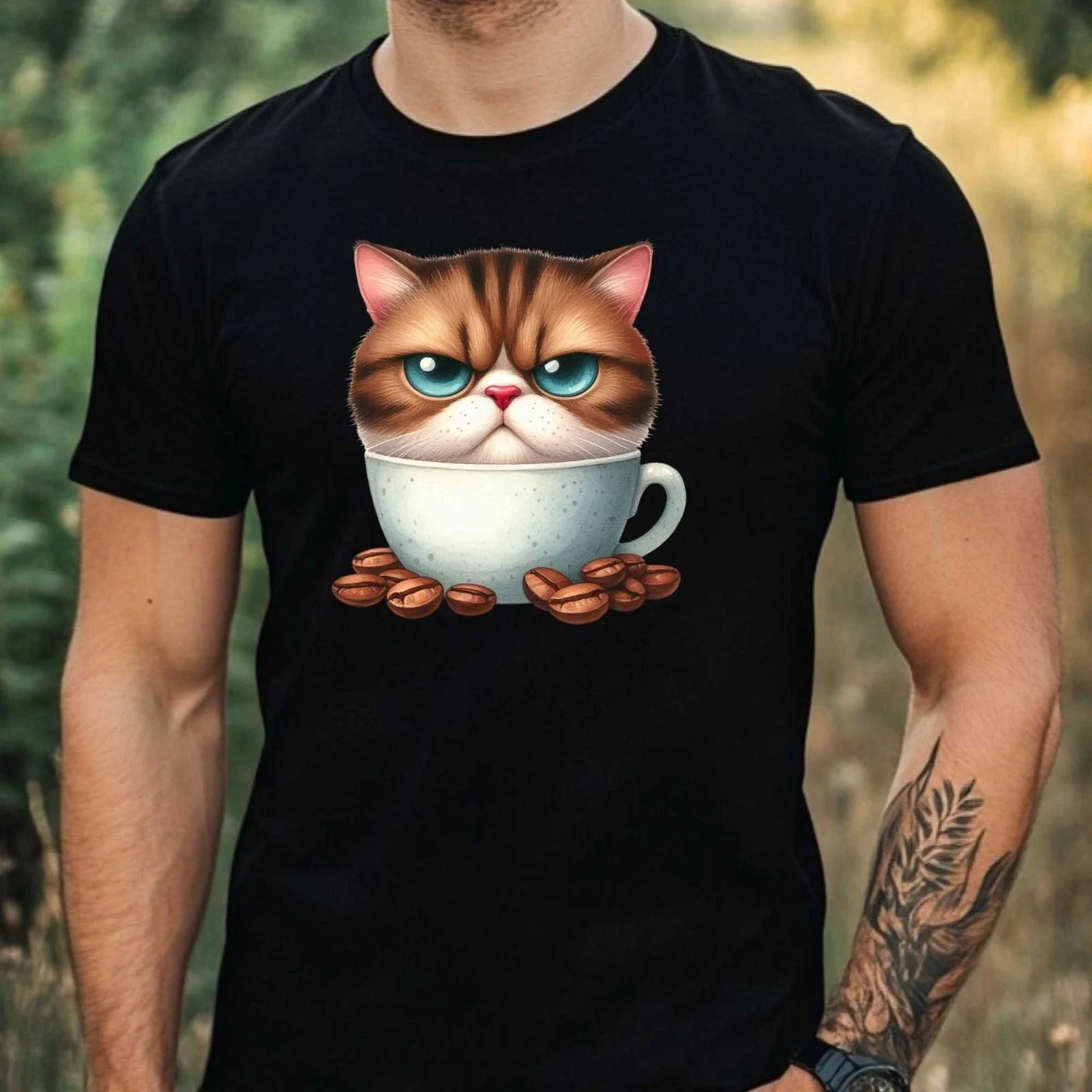 Mens Grumpy Cat Coffee Print Cotton T-Shirt Size XS to 5XL