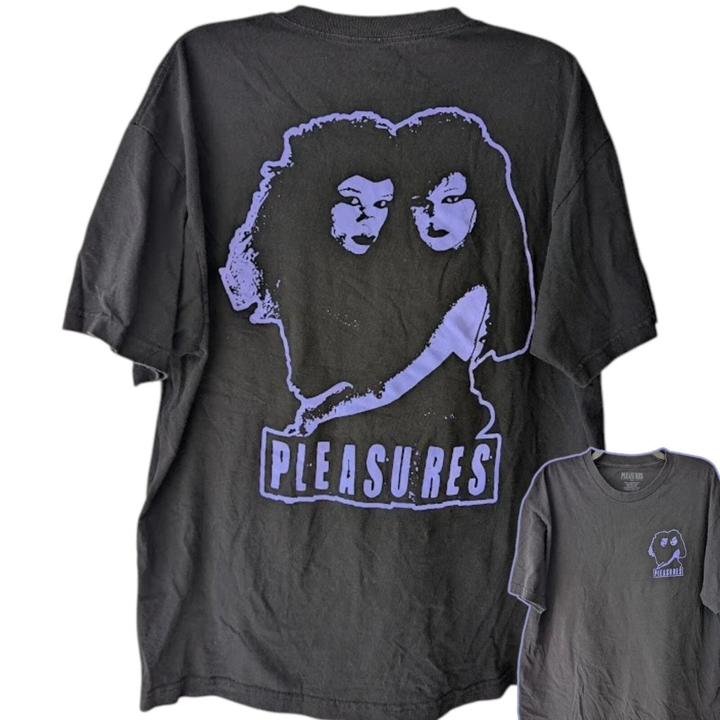 Pleasures Shirt XL Black Purple Retro Twin Faces Graphic Tee Cyber Grunge Street