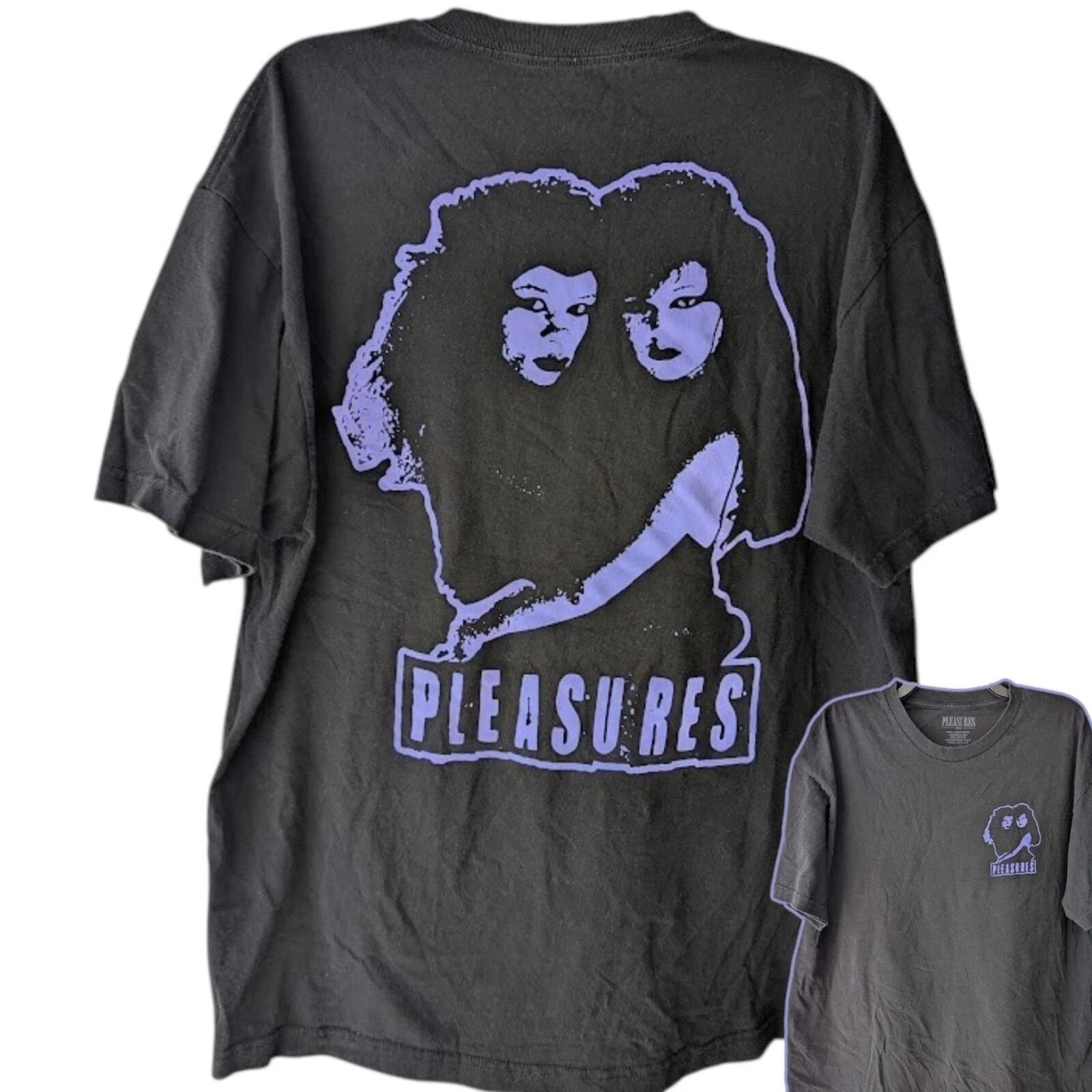 Pleasures Shirt XL Black Purple Retro Twin Faces Graphic Tee Cyber Grunge Street