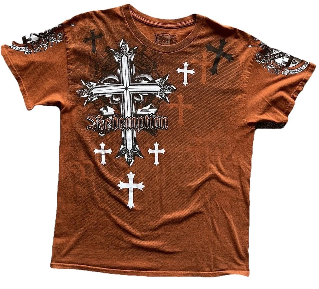 Y2K Grunge Orange And Black Cross Graphic MMA Size L No Flaws