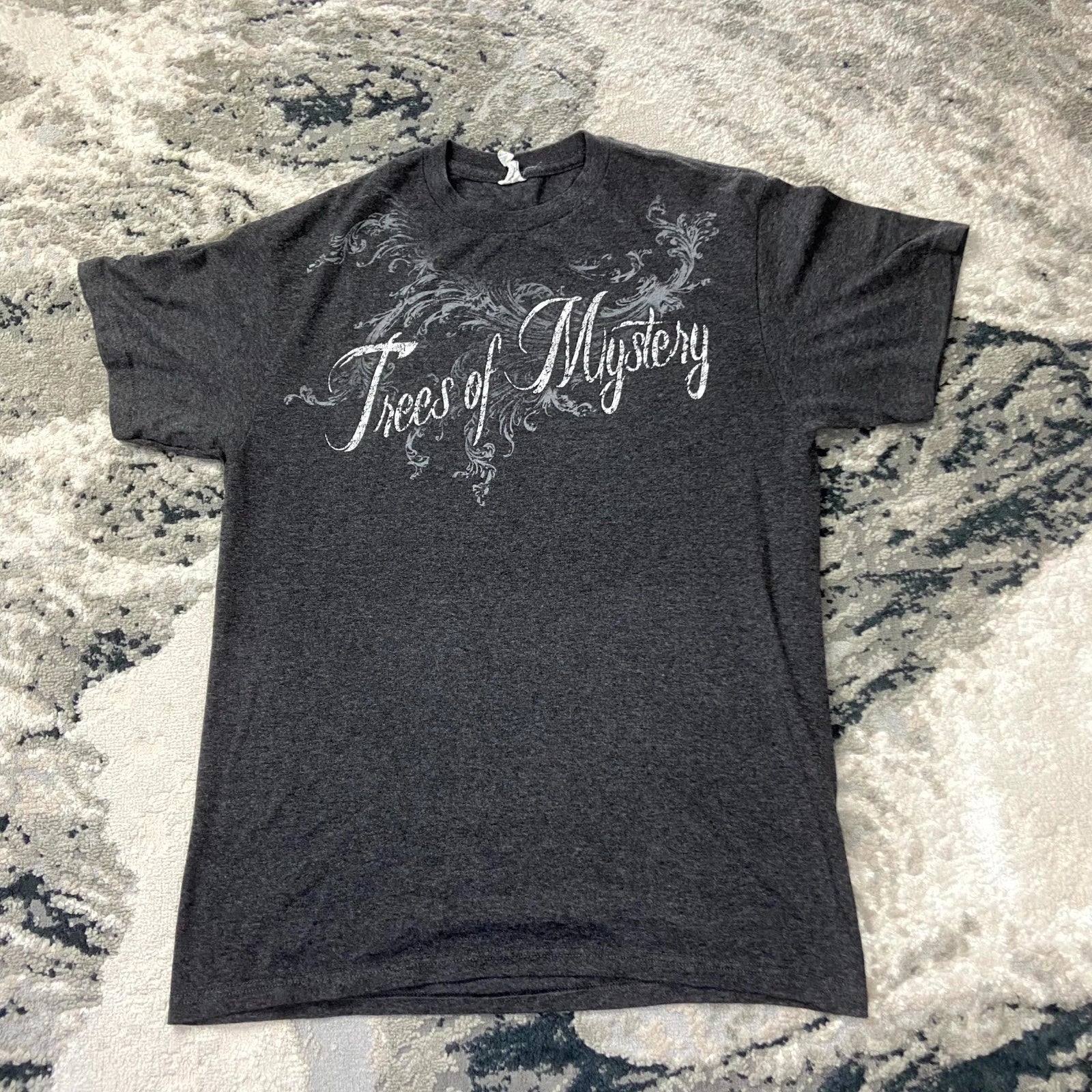 Vintage Y2K Grunge Trees of Mystery T Shirt Size Medium Gray Graphic AOP Logo
