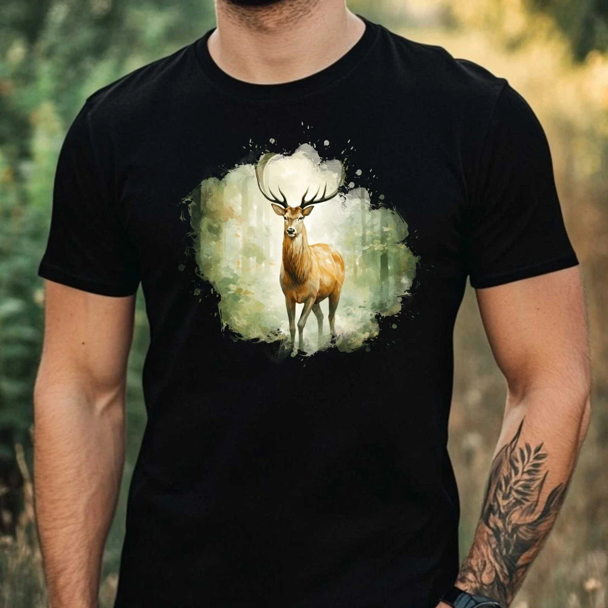 Mens Watercolour Deer Motif Cotton T-Shirt Size XS to 5XL