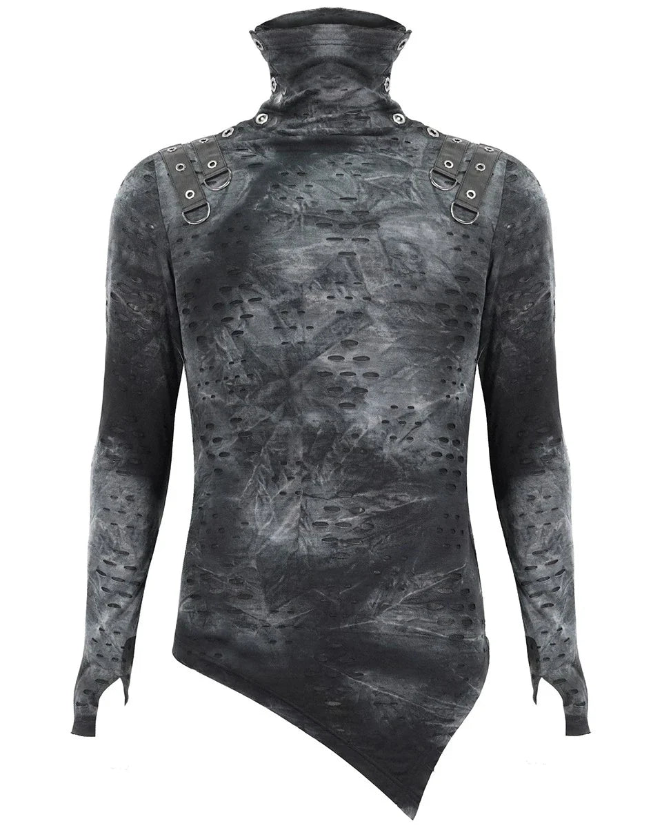 Devil Fashion Mens Gothic Apocalyptic Punk Shredded Broken Knit Top Grey Black