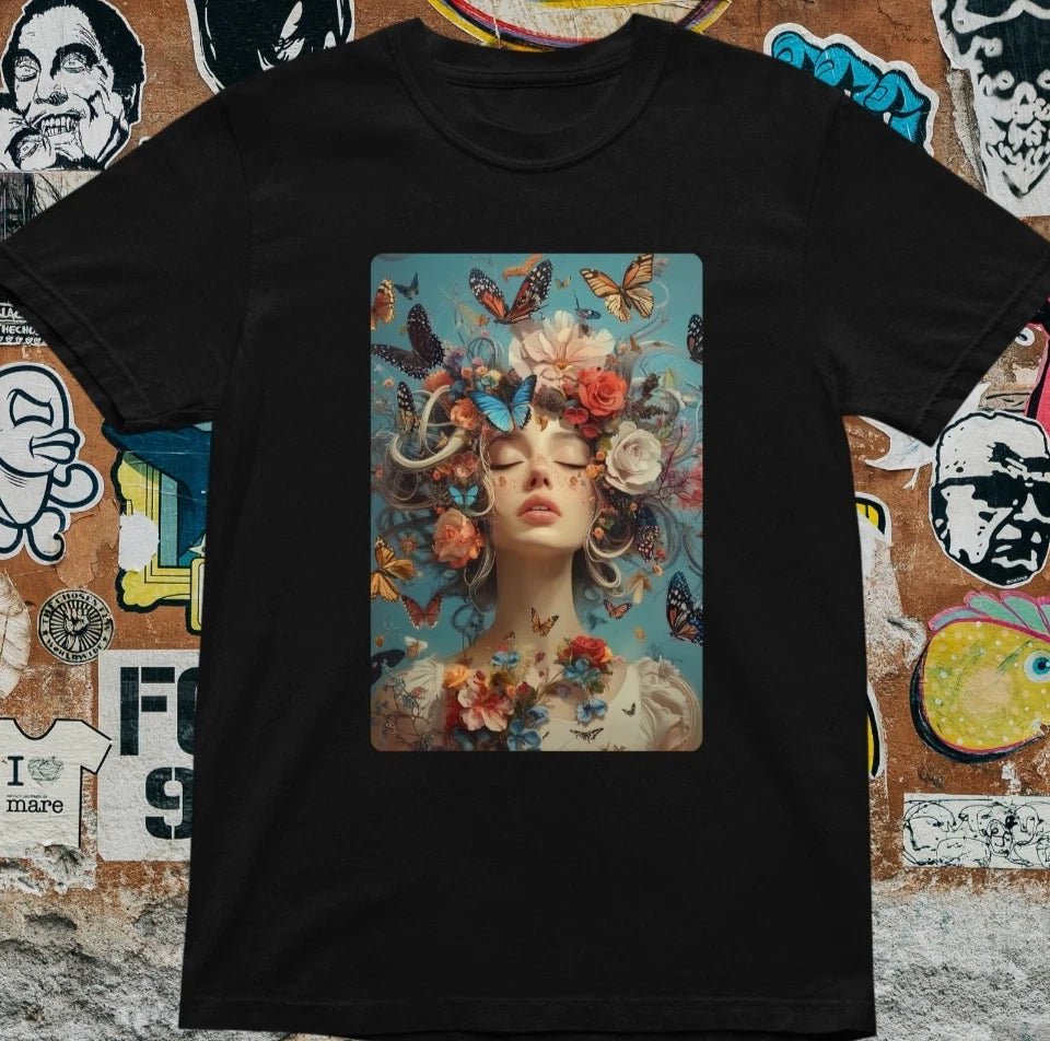 Floral Butterfly Woman T-Shirt – Surreal Art Graphic Tee Fantasy Aesthetic Shirt