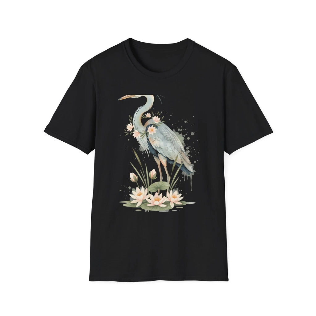 Heron Water Lily Floral Watercolor Nature Black Tee Aesthetic Graphic T-Shirt