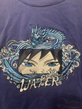 Anime Water Embroidered Tee Blue Red Kanji Graphic Print Men's Short Sleeve