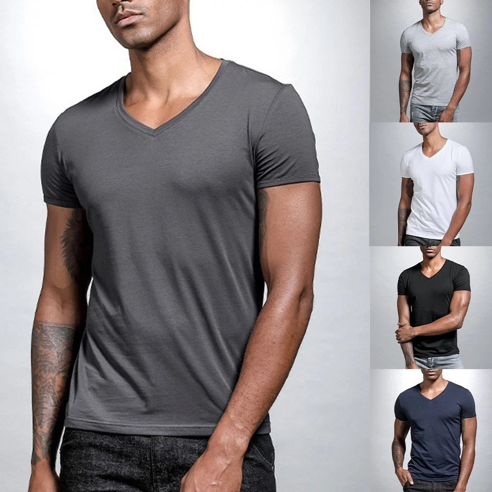 Slim Fit Top Men V-neck T-shirt Regular Length Solid Color V-neck Tight Fit