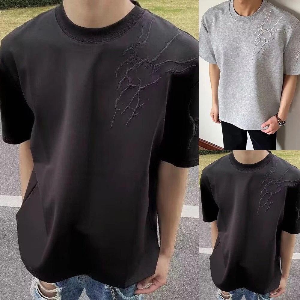Men's Oversized Embroidered Round Neck Short Sleeve T Shirt Solid Color