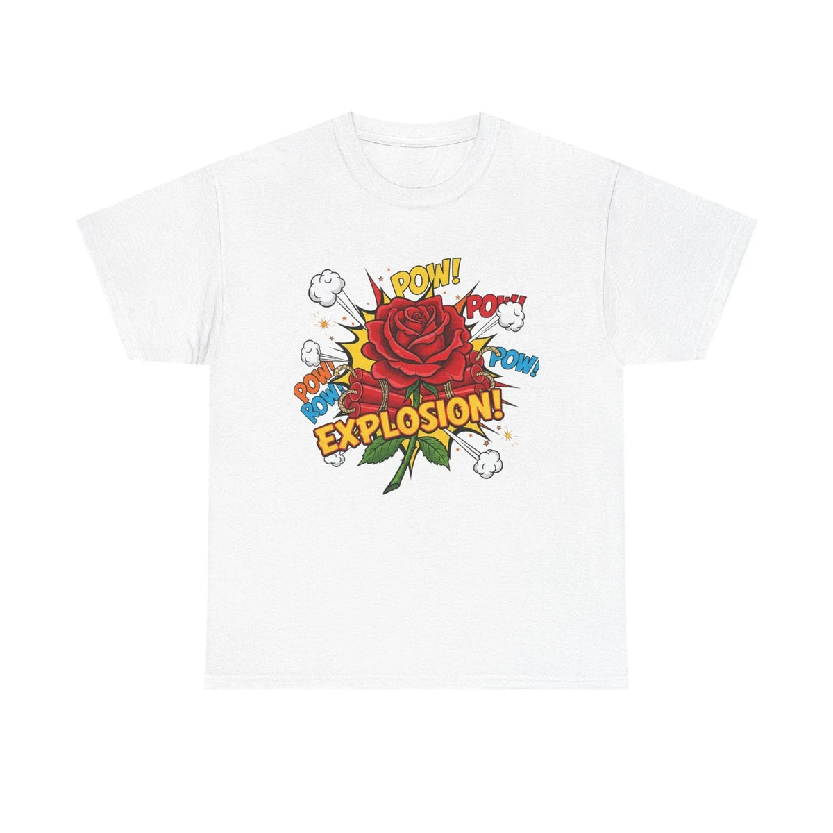Camiseta Explosión de Rosas. Camiseta gráfica de flores estilo cómic Pop Art.