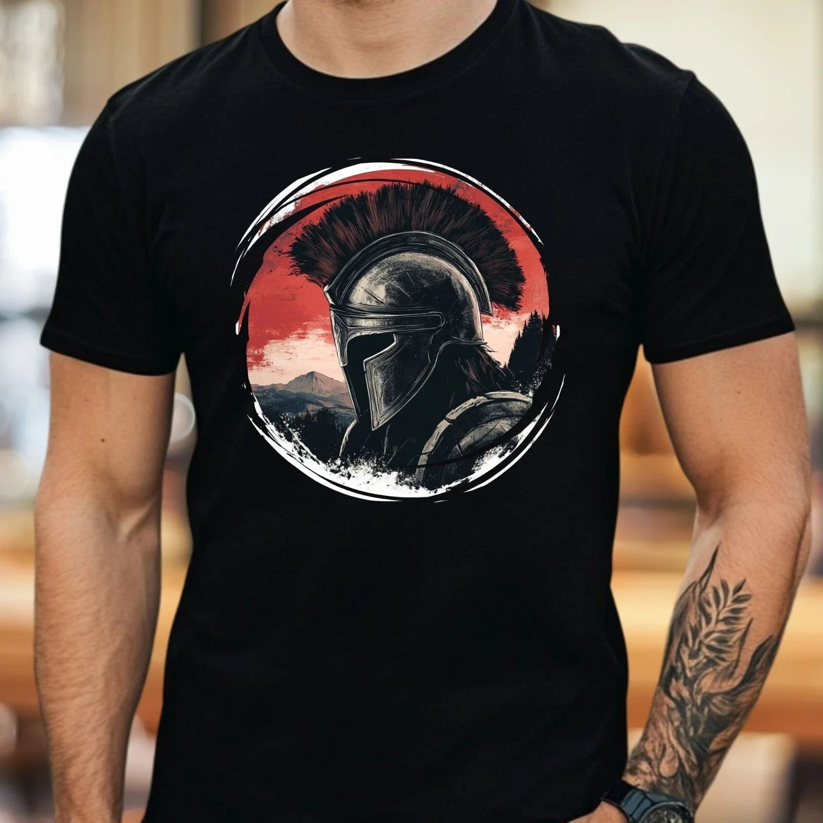 Mens Spartan Warrior Helmet Motif Cotton T-Shirt Size XS to 5XL