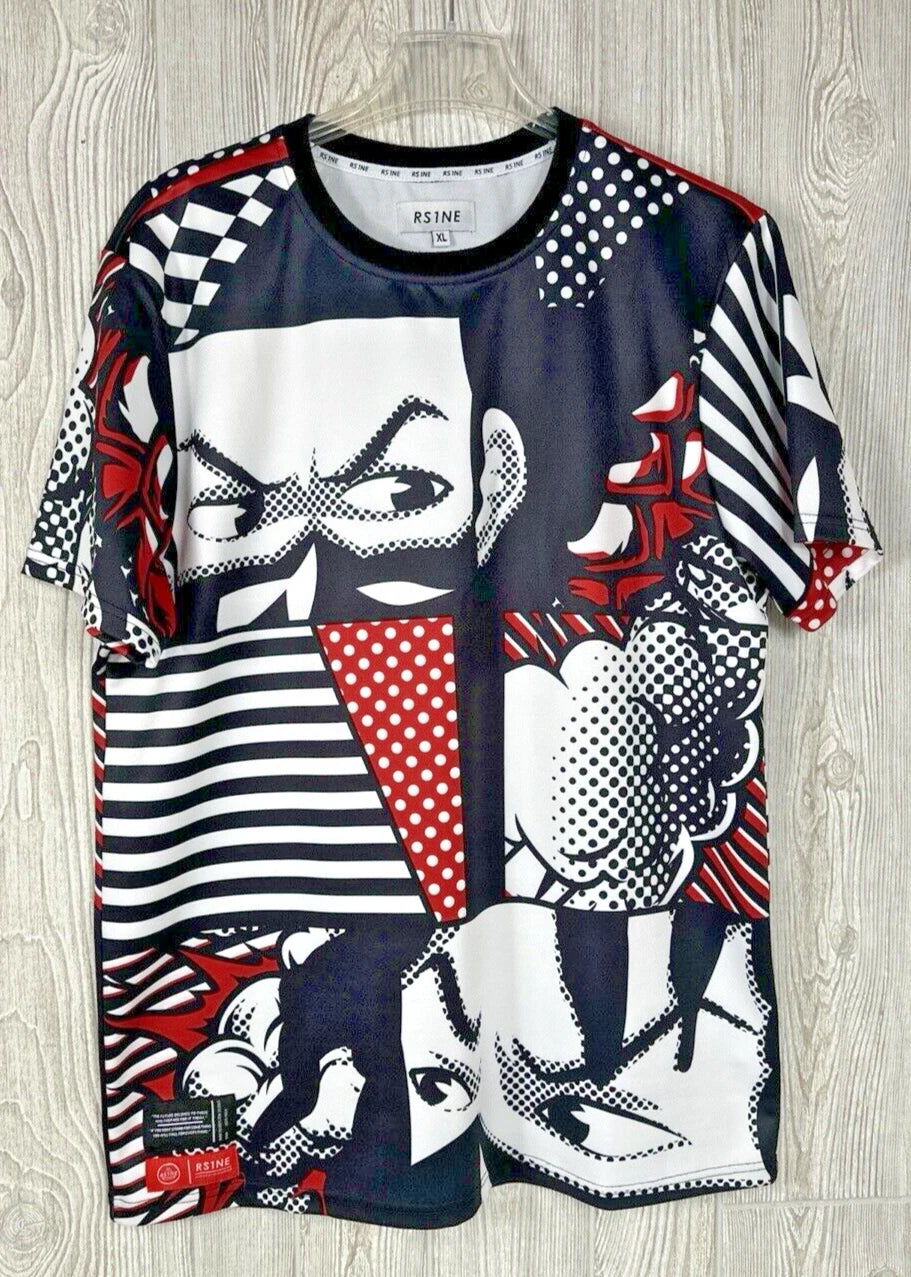 RS1NE Mens Full Print Comic Pattern Street Fashion Brand Graphic T-Shirt Size XL