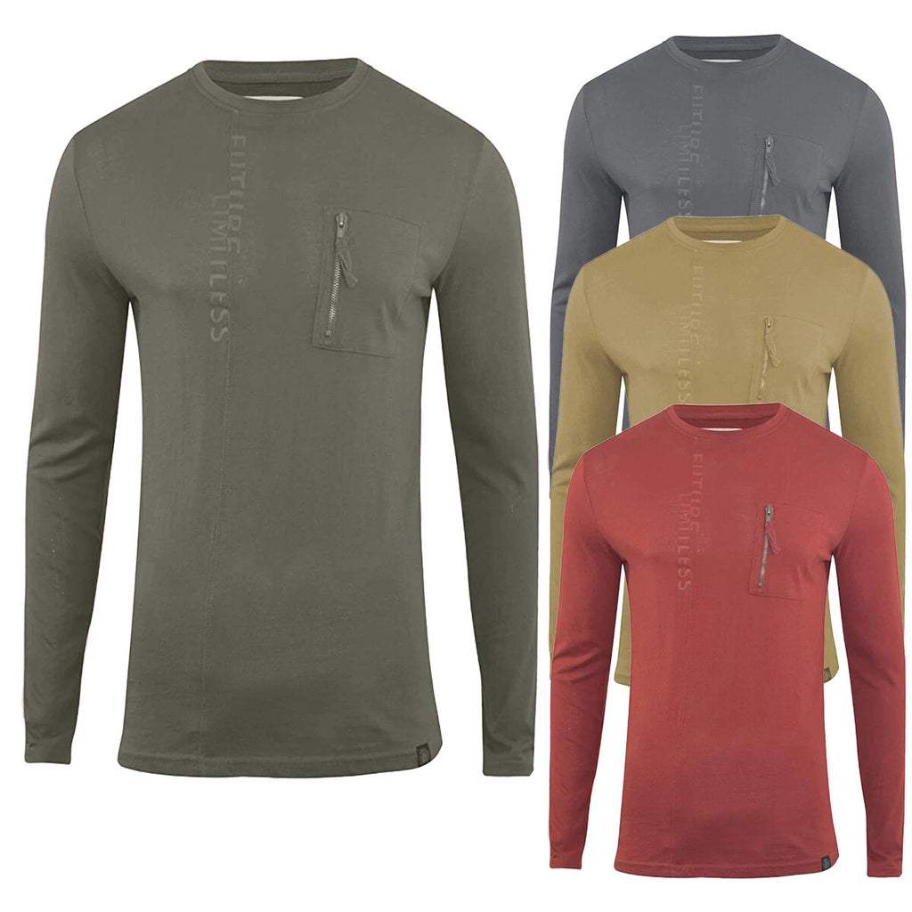 New Mens Long Sleeve T-Shirt Crew Neck Casual Zip Pocket 100% Cotton Fashion Top