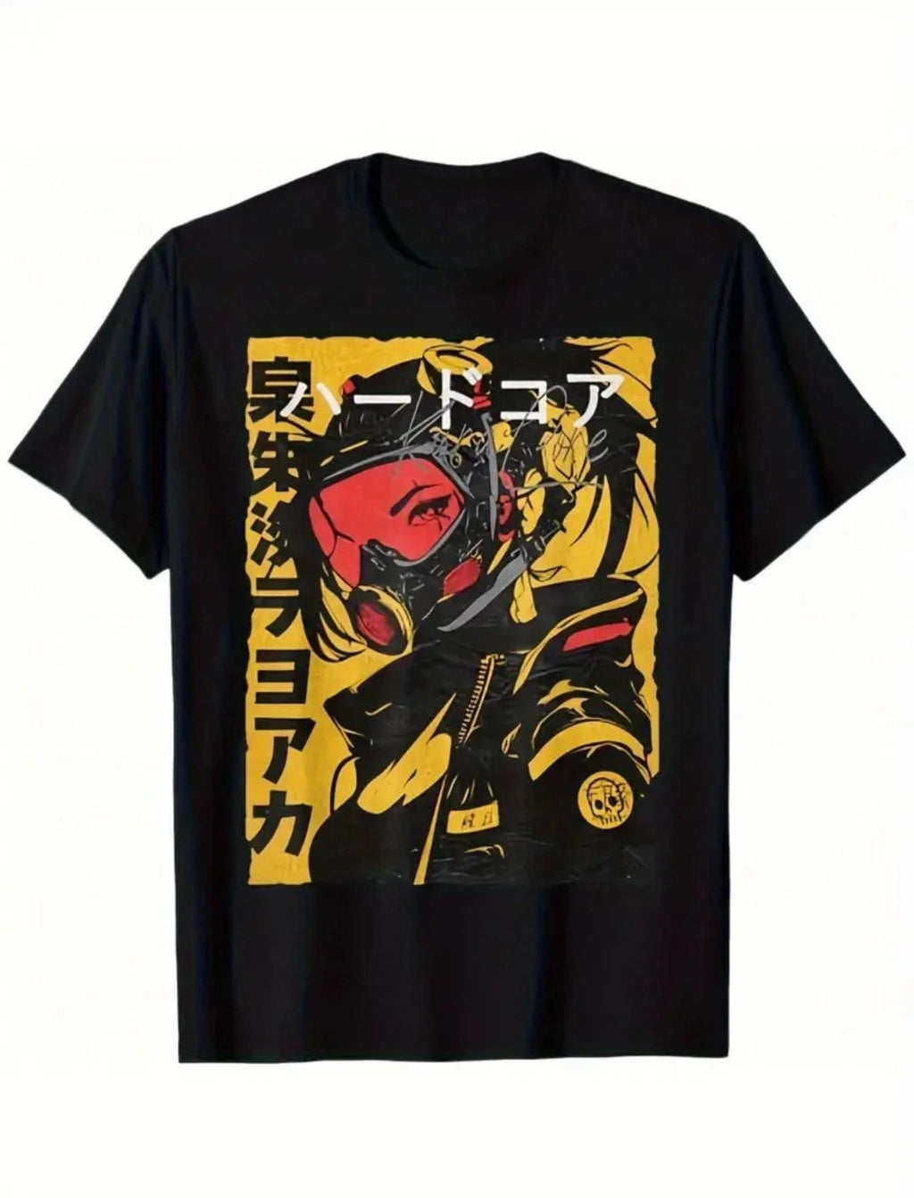 ​Mens XL T-Shirt Black Cyberpunk Anime Girl Graphic Punk Hardcore Streetwear Tee