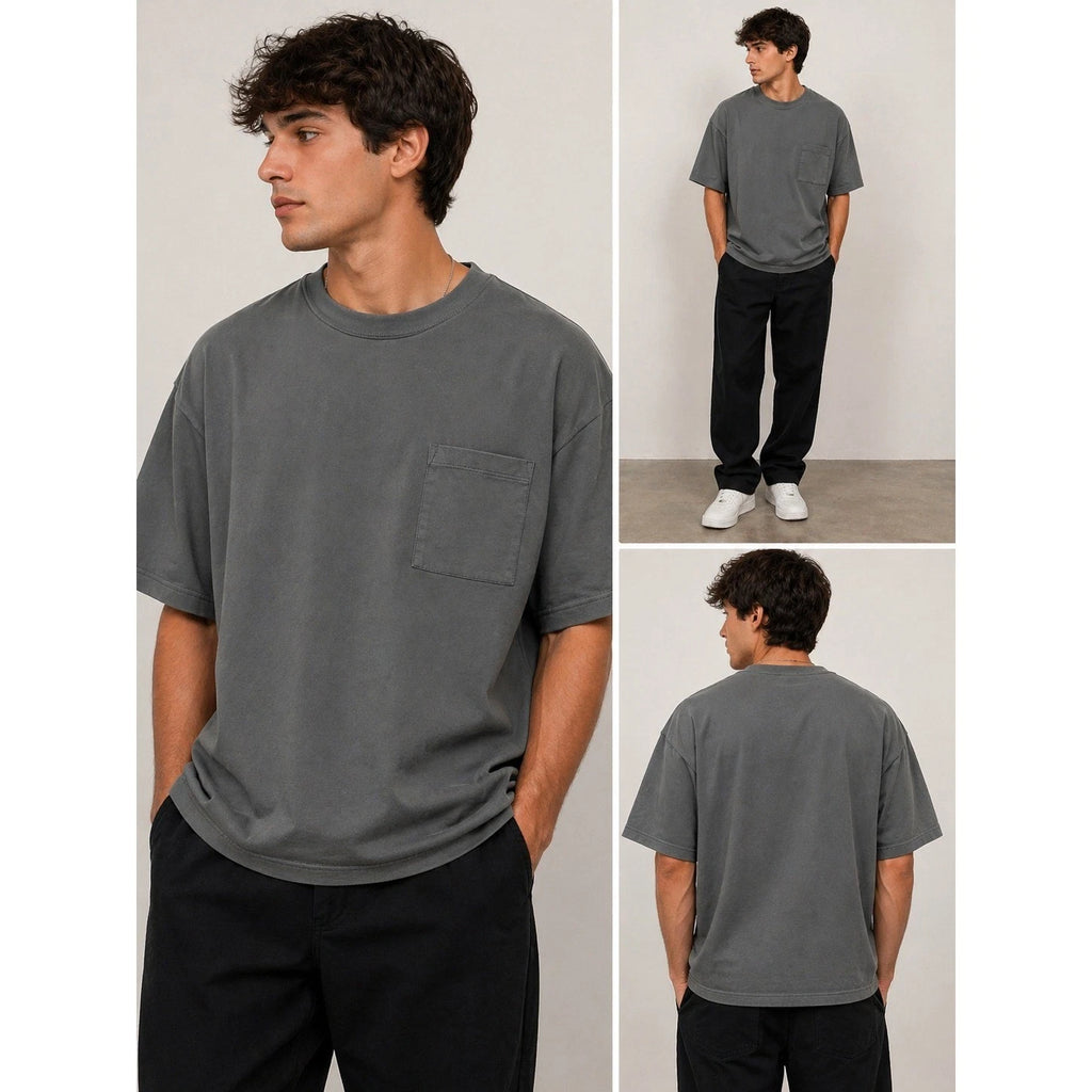 Basic crew Neck Pocket Tee Mens XL Gray Oversized Minimalist Streetwear Shirt
