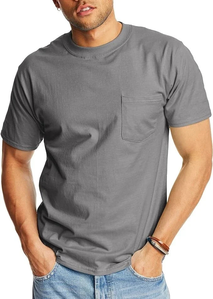 Hanes Mens T Shirt Beefy  Pocket 100%Cotton Short Sleeve Smoke Gray Small-Medium