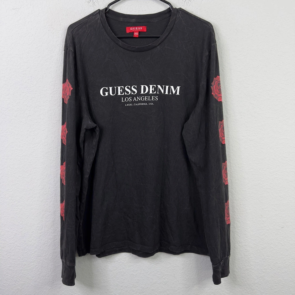Guess T-Shirt Mens L Black Rose Graphic Long Sleeve Streetwear Y2K 90s Grunge