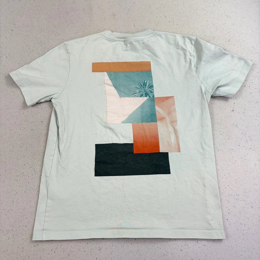 BOSS Mens T-Shirt L Light Blue Minimalist Abstract Quiet Luxury Palm Graphic