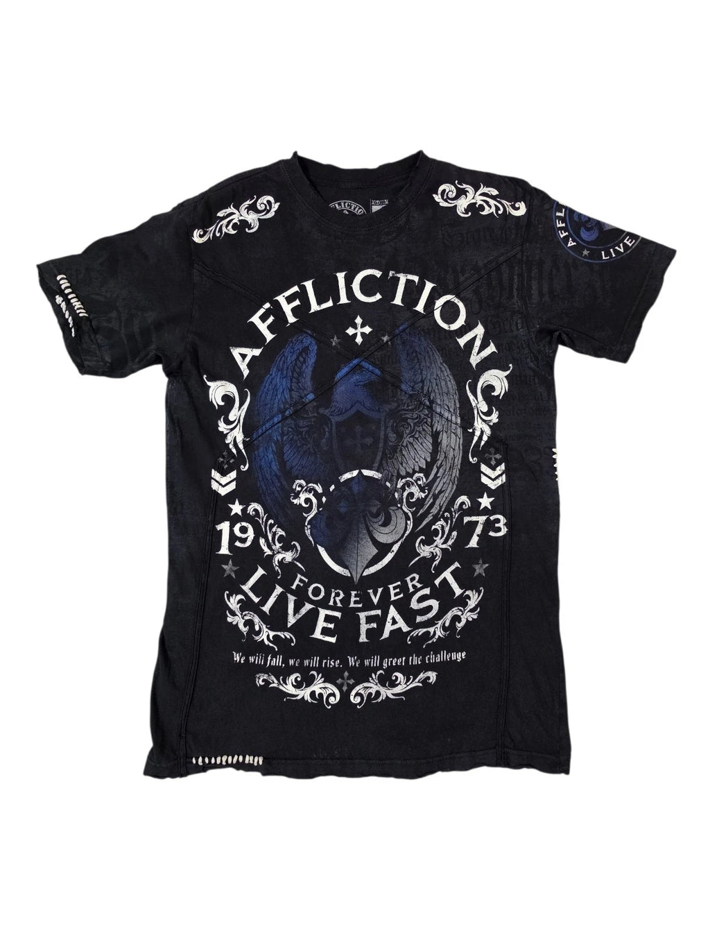 Y2K Affliction Shirt Men M Black Blue Eagle Winged Live Fast MMA Biker Goth