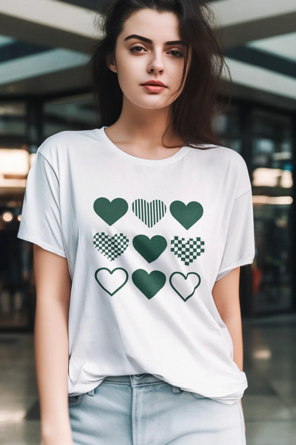Green Heart Pattern T-Shirt Retro Checkered Graphic Tee Aesthetic Love Design