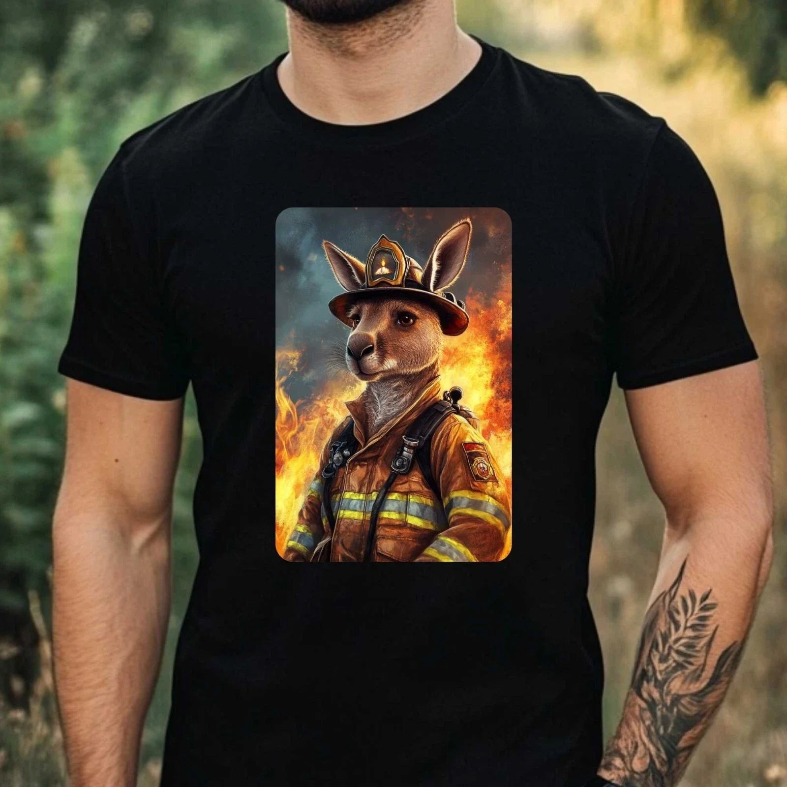 Mens Kangaroo Firefighter Motif Cotton T-Shirt Size XS to 5XL