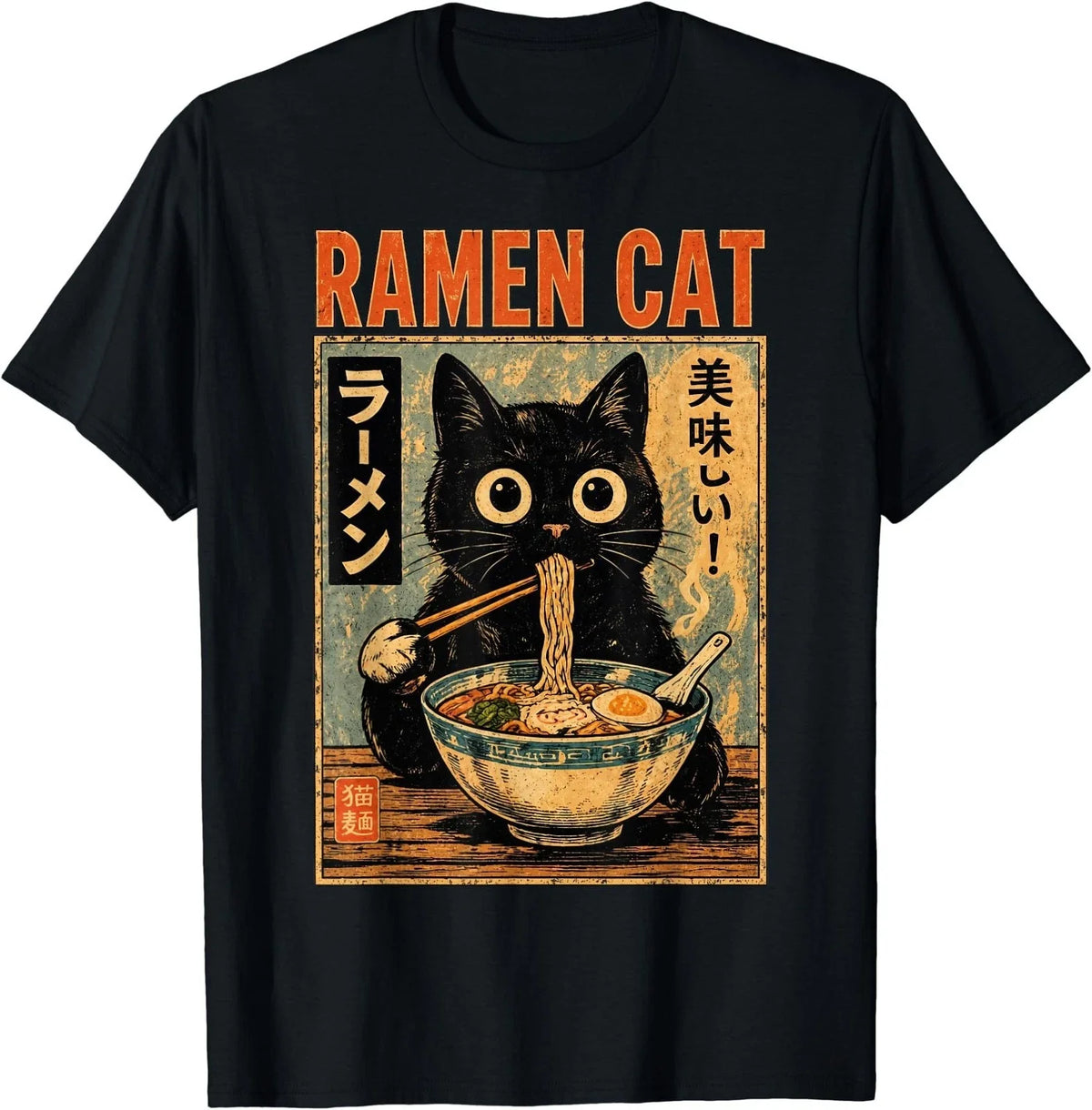 Funny Cat Ramen Graphic Tee Japanese Kawaii Anime Cat T-Shirt