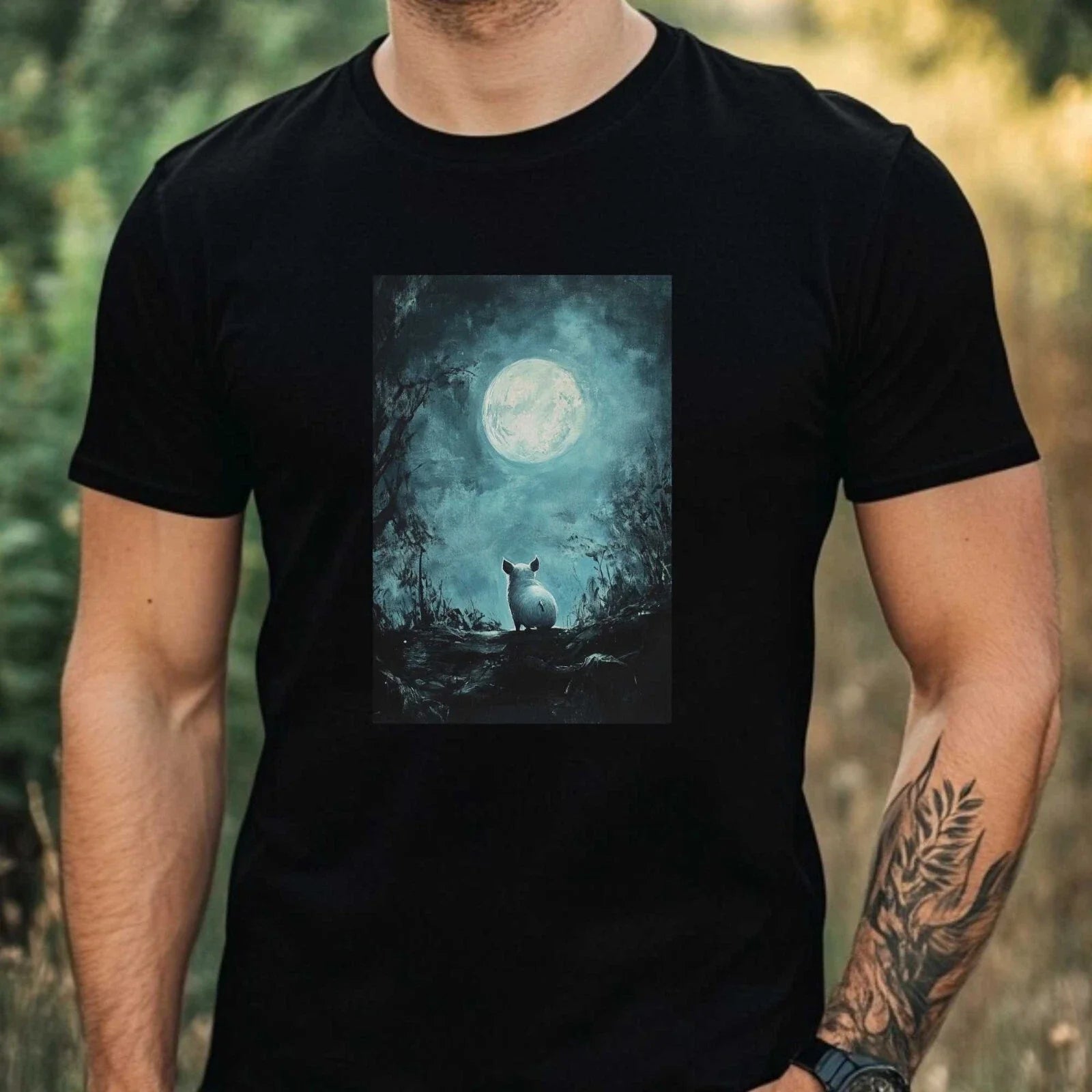Mens Pig in the Moonlight Motif Cotton T-Shirt Size XS to 5XL