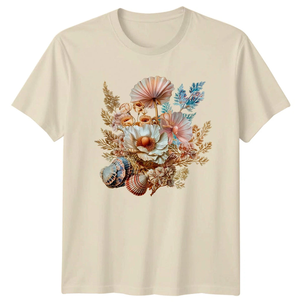 Womens Coastal Floral Seashell T-Shirt Boho Beach Decor Gift For Her