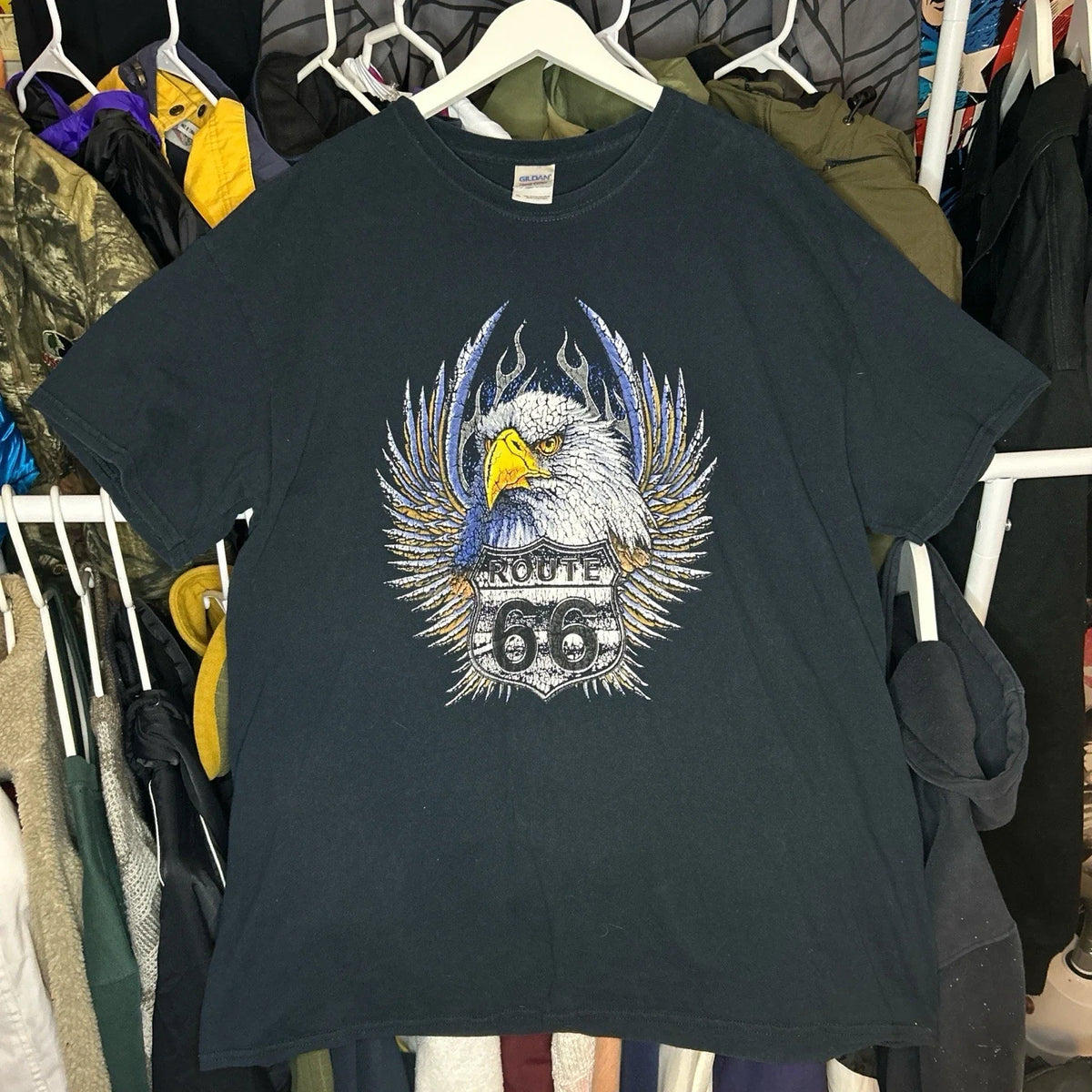 Vintage Y2K Route 66 Bald Eagle Blue Flames Faded Black T-shirt Size XL Biker