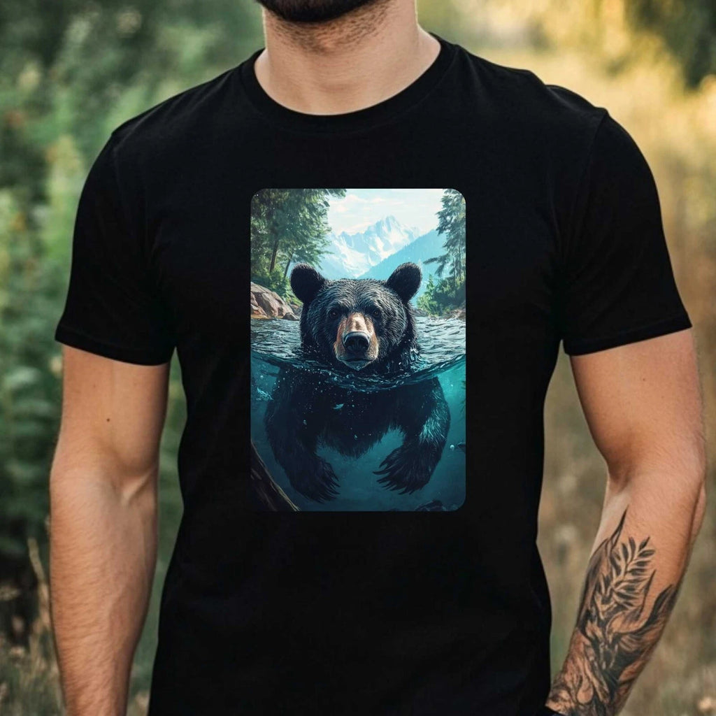 Mens Black Bear Swimming in Ocean Motif Cotton T-Shirt Size XS to 5XL