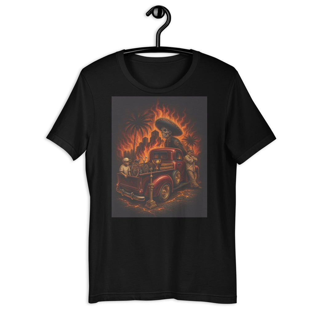 Mexican Skull Lowrider Truck Fire Chicano Street Art T-Shirt Design
