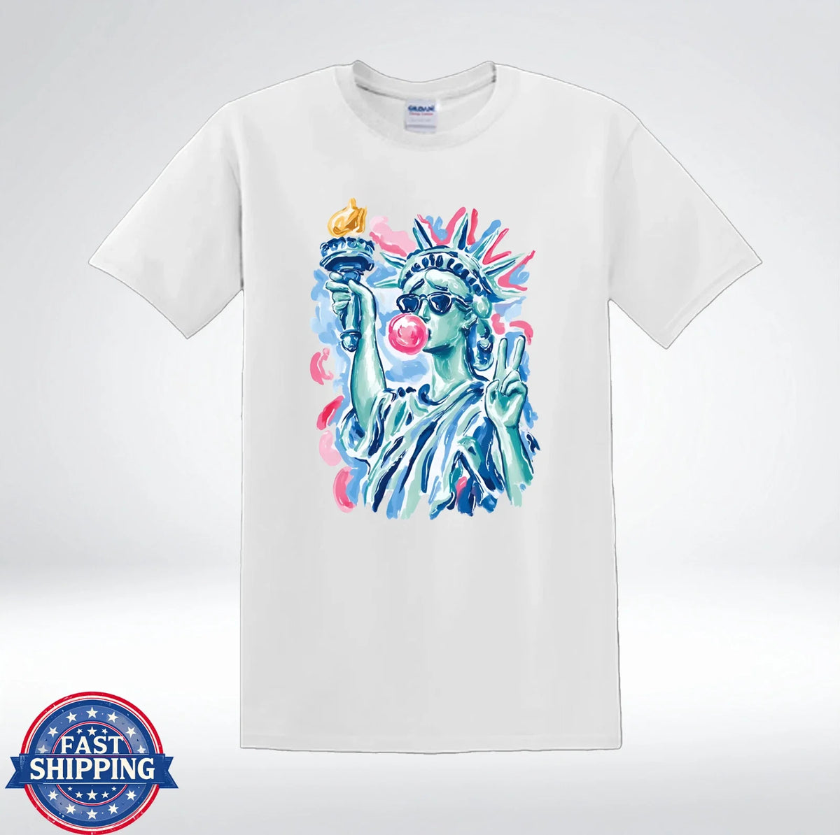 Statue Of Liberty Bubble Gum Pop Art Patriotic USA T-Shirt