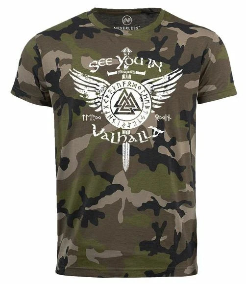 Men's See You in Valhalla Sword Runes Odin Vikings Camo Shirt Camo