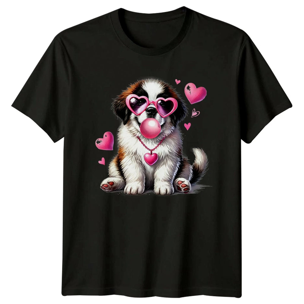 St Bernard Puppy Heart Sunglasses Bubblegum Valentines Mens T-Shirt Womens