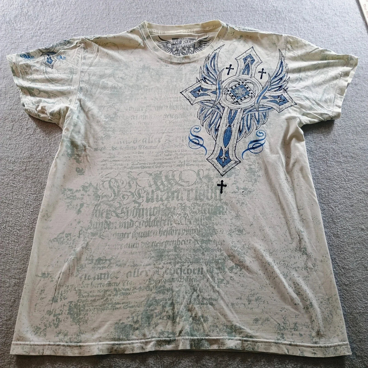 Raw State Men T-Shirt Redemption Winged Cross White Blue Large Distressed Y2K