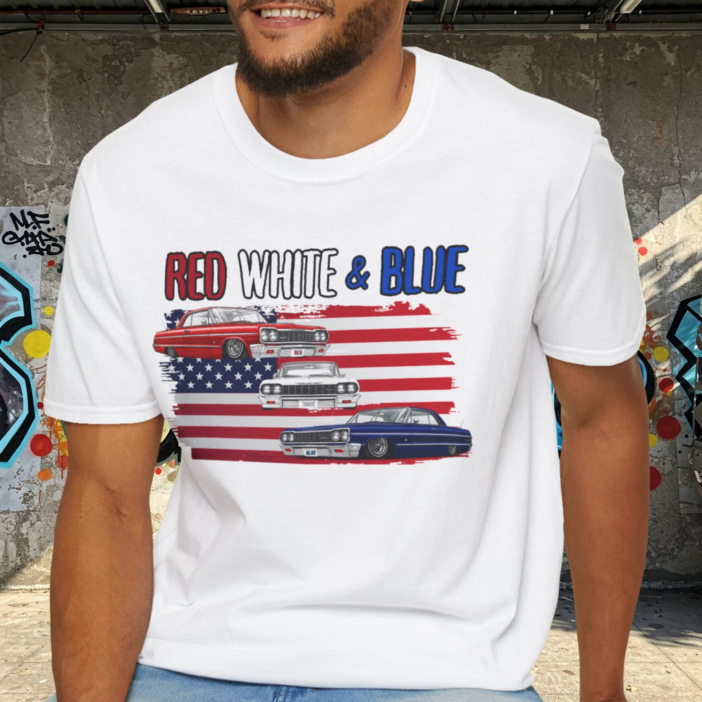 Red White & Blue Lowrider T-Shirt – Patriotic American Classic Car Graphic Tee