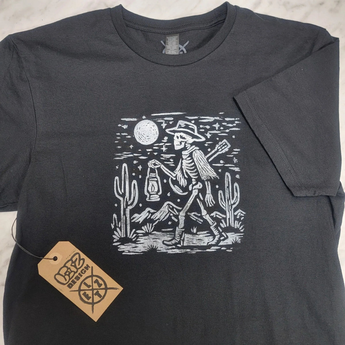 Desert Night Cactus Skeleton Cowboy T-Shirt Hand Printed Lino Printed