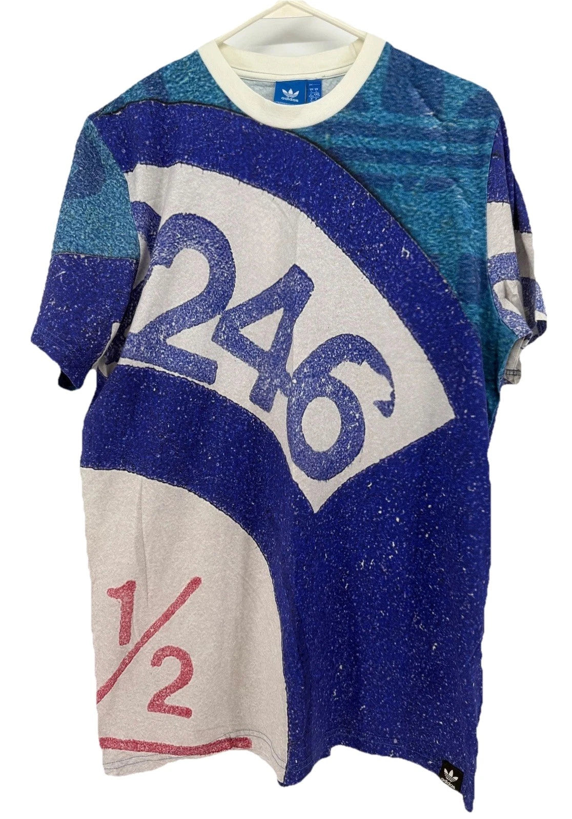 Adidas Men Graphic T-Shirt Size L Blue Multi Colored Short Sleeve Crew Neck Tee