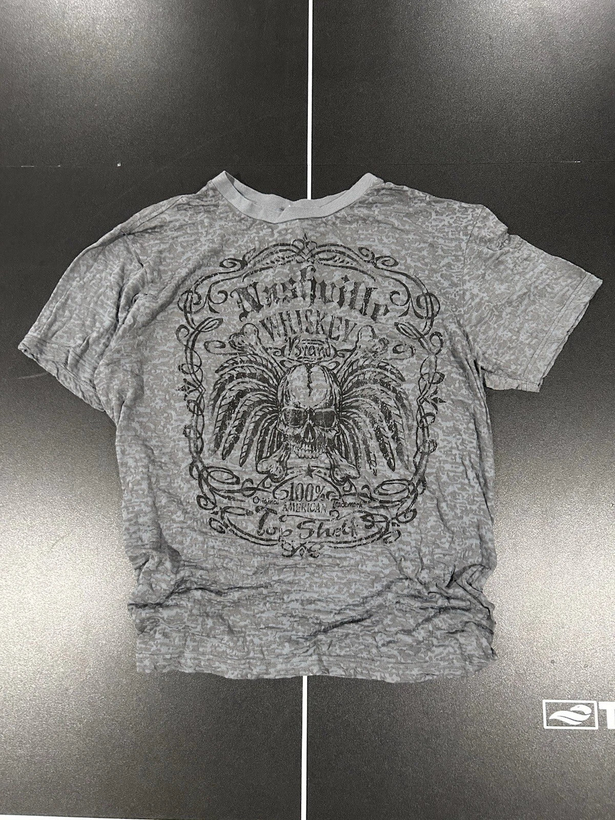 Grey Y2K Whiskey T Shirt Size Large Affliction-Like Grunge Emo Graphic