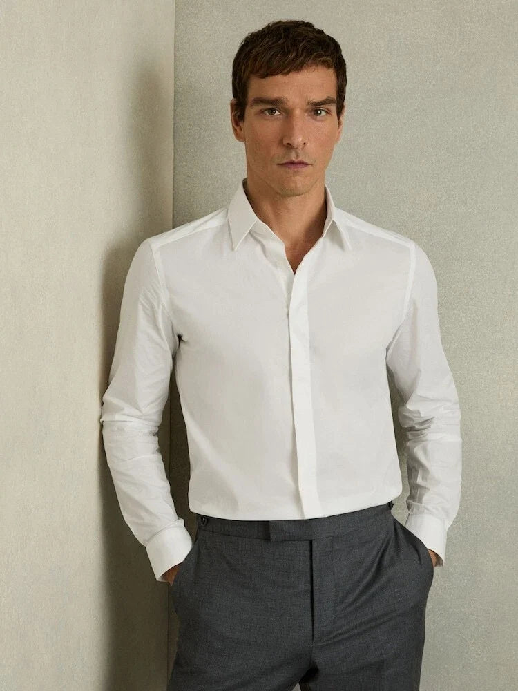 REISS Kiana Slim Fit Cotton Blend Shirt Top in White