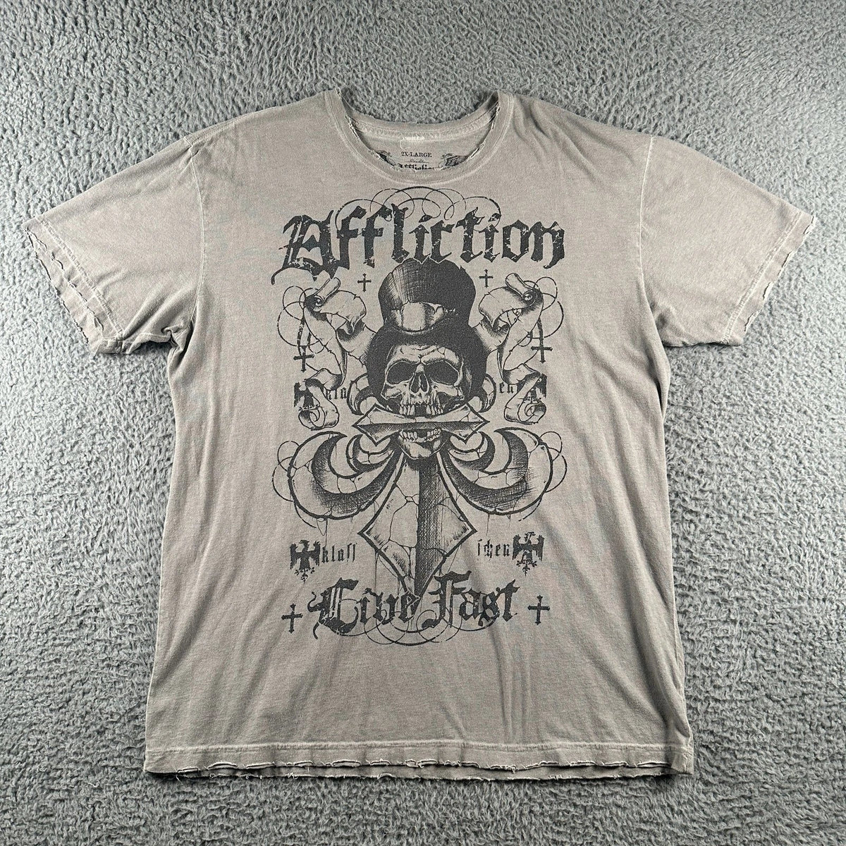 Affliction Live Fast Grunge Shirt Mens 2XL Gray All Over Print Tee Y2K US Made