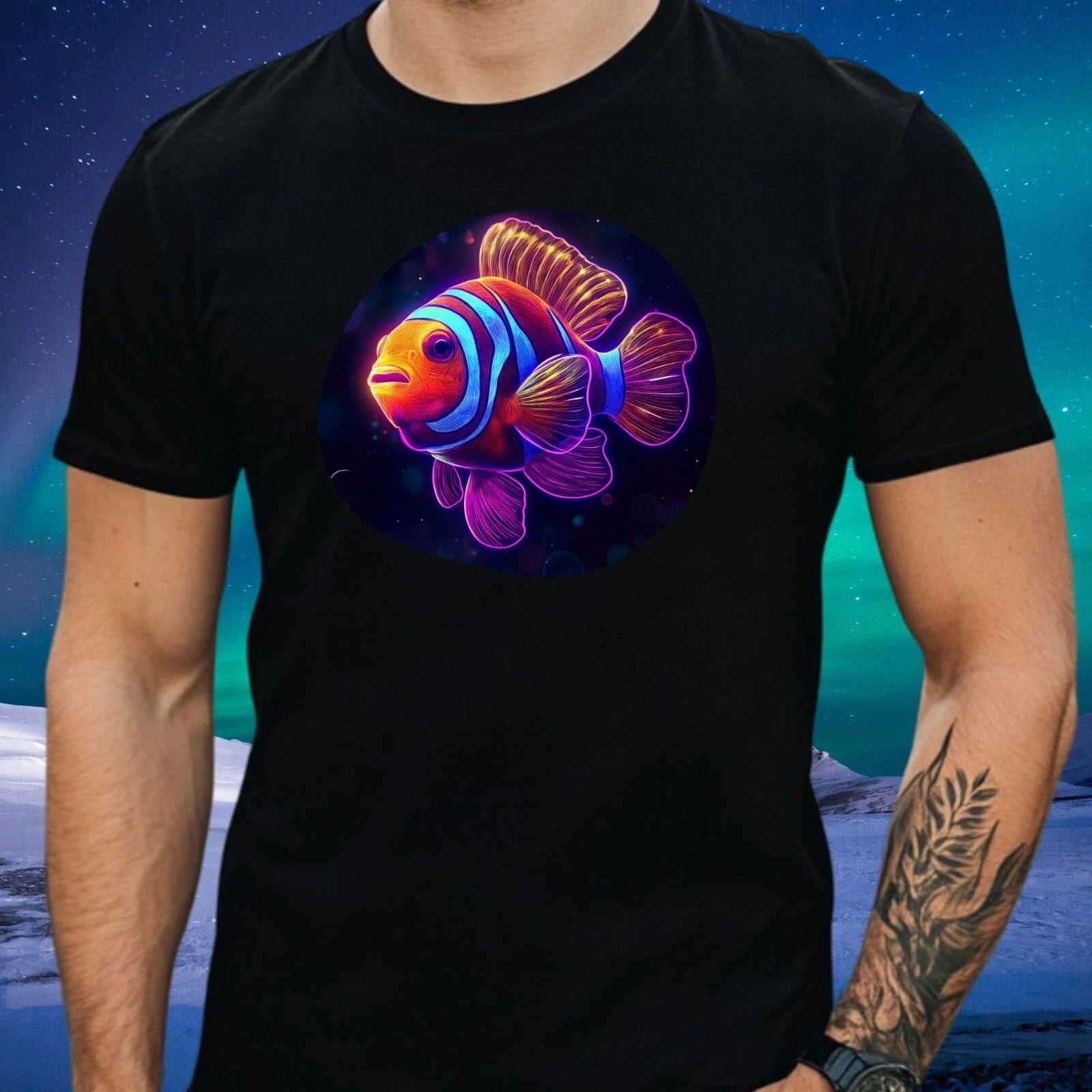 Mens Clownfish Neon Motif Cotton T-Shirt Size XS to 5XL