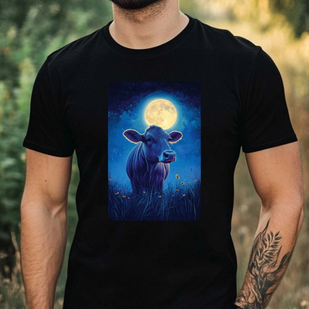 Mens Cow at Full Moon Motif Cotton T-Shirt Size XS to 5XL